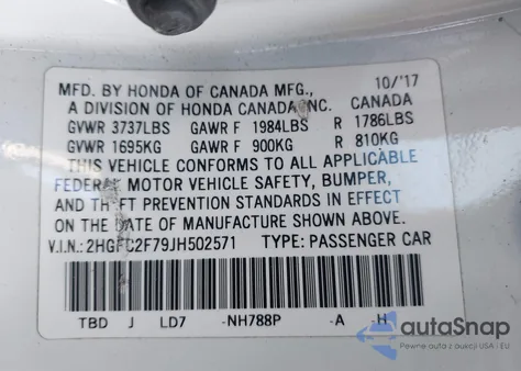 2018 Honda Civic Ex z USA, uszkodzony, nr VIN 2HGFC2F79JH502571